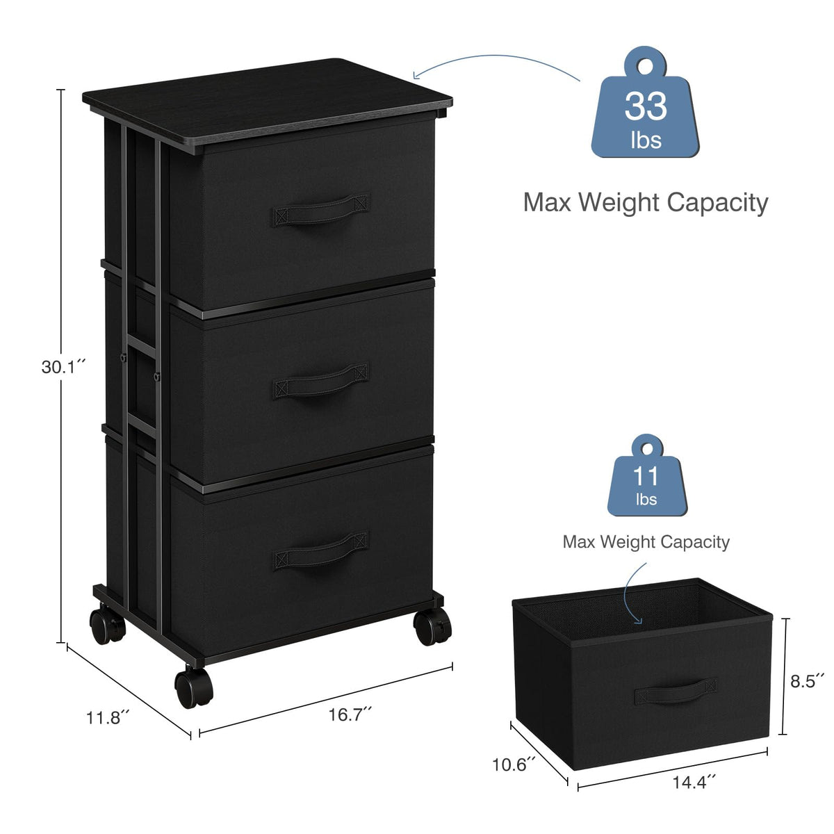 Black 3 Drawer Fabric Dresser U411