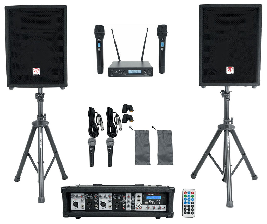 10" PA Speaker Pair with Mixer and Wireless Mics M232394