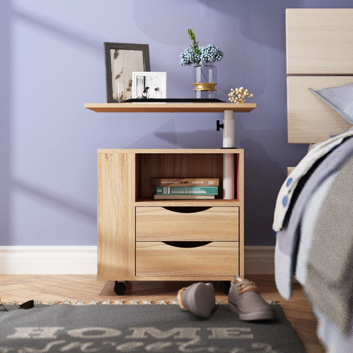 23.6in Rolling Nightstand with 2 Drawers and Shelf Oak T937923