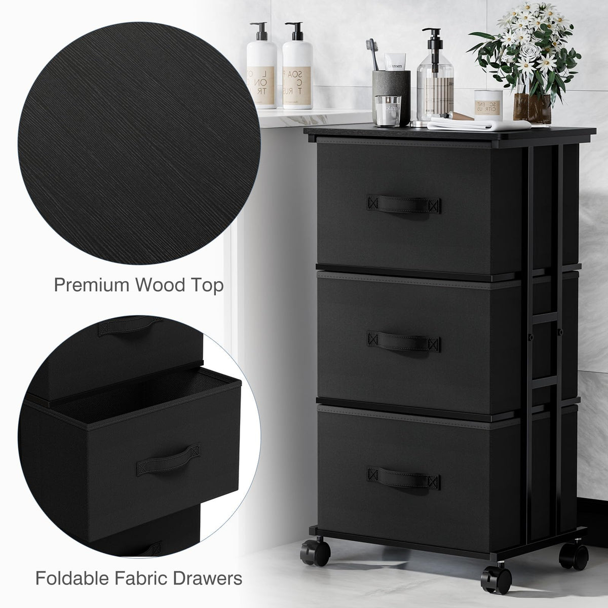 Black 3 Drawer Fabric Dresser U411