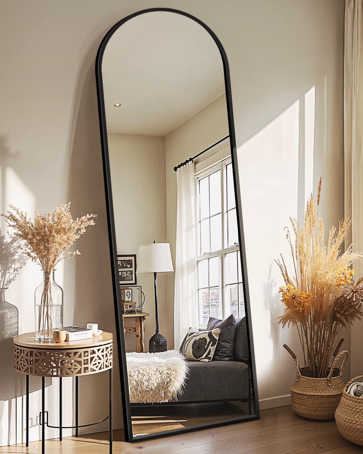 Arched Full Length Black Floor Mirror with Stand F503606