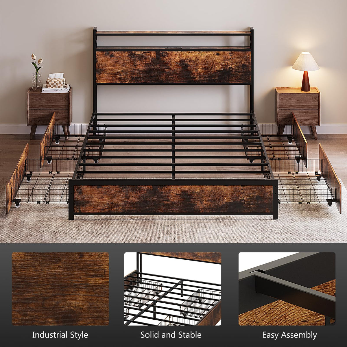 Queen Bed Frame with 4 Storage Drawers and Headboard S705