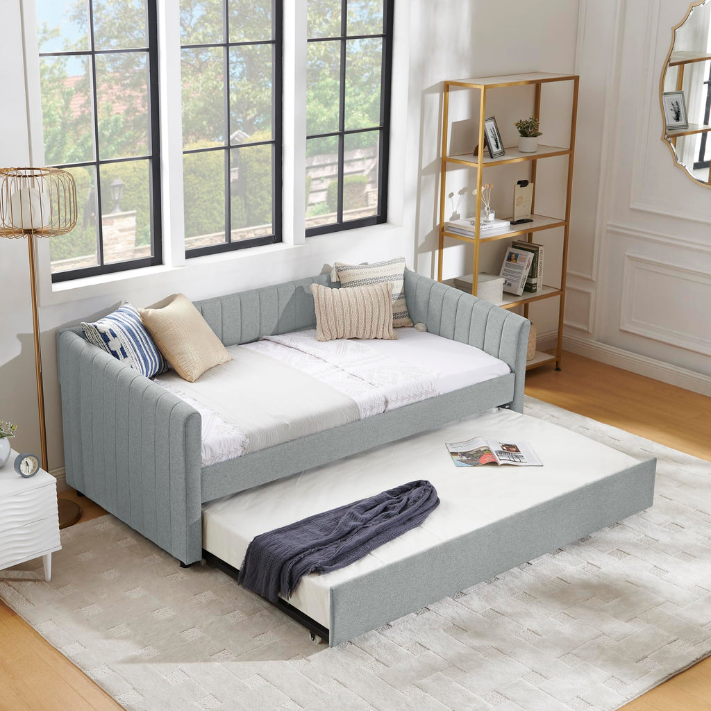 Grey Linen Upholstered Twin Size Daybed with Pop up Trundle P615215