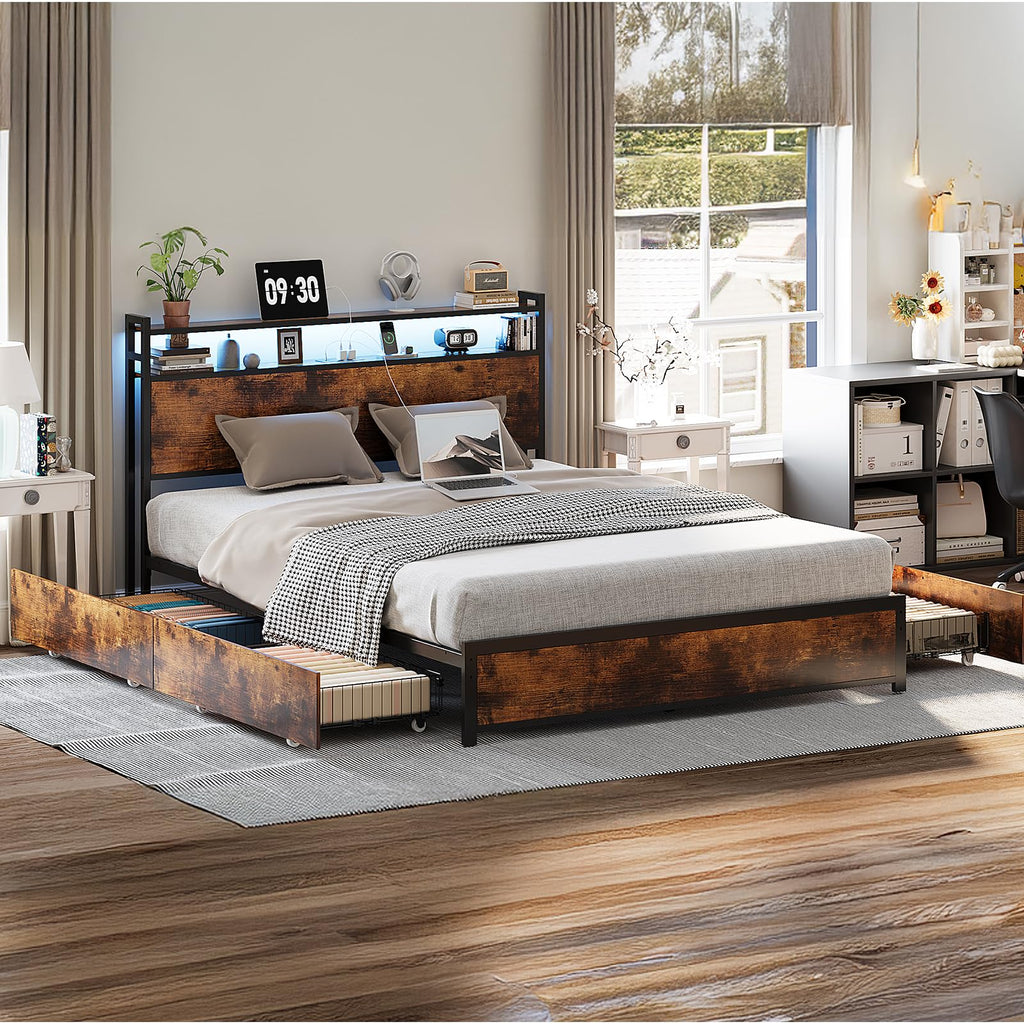 Queen Bed Frame with 4 Storage Drawers and Headboard S705
