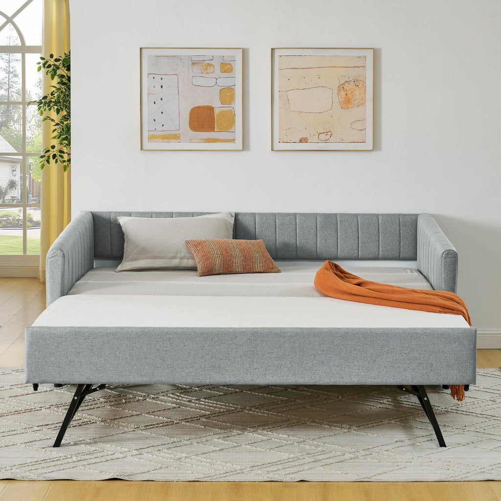 Grey Linen Upholstered Twin Size Daybed with Pop up Trundle P615215