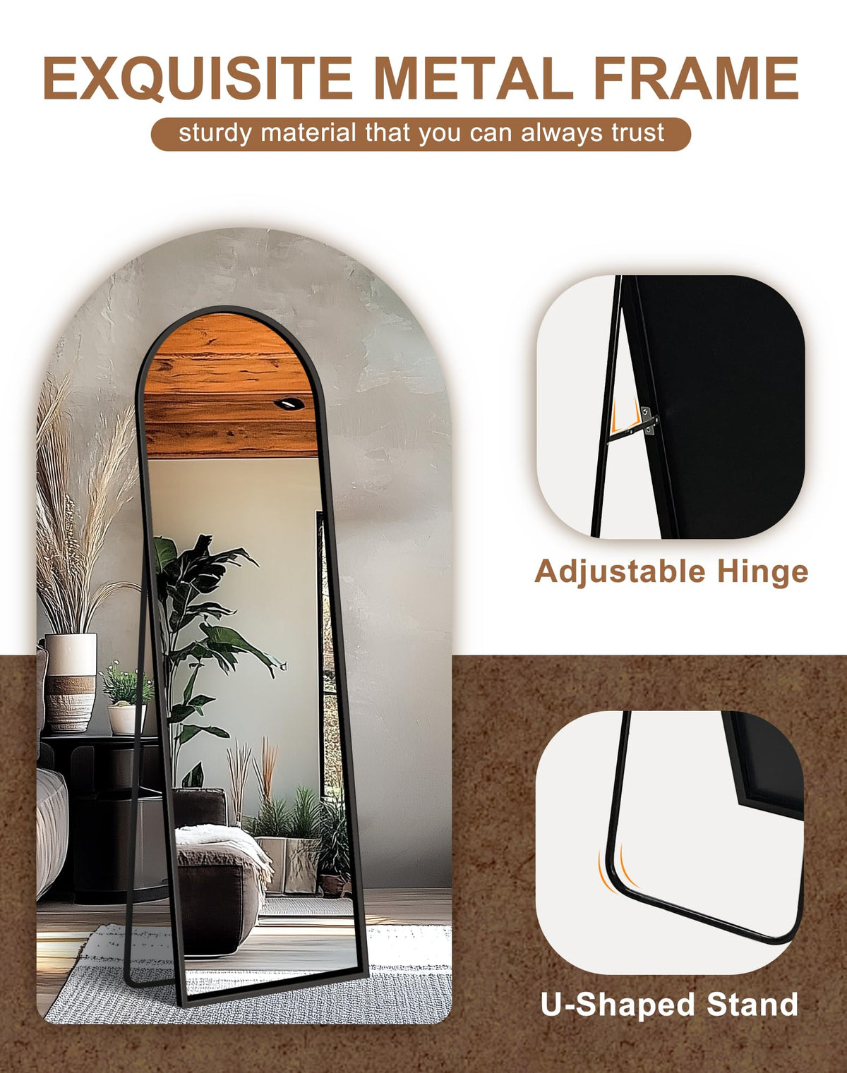 Arched Full Length Black Floor Mirror with Stand F503606