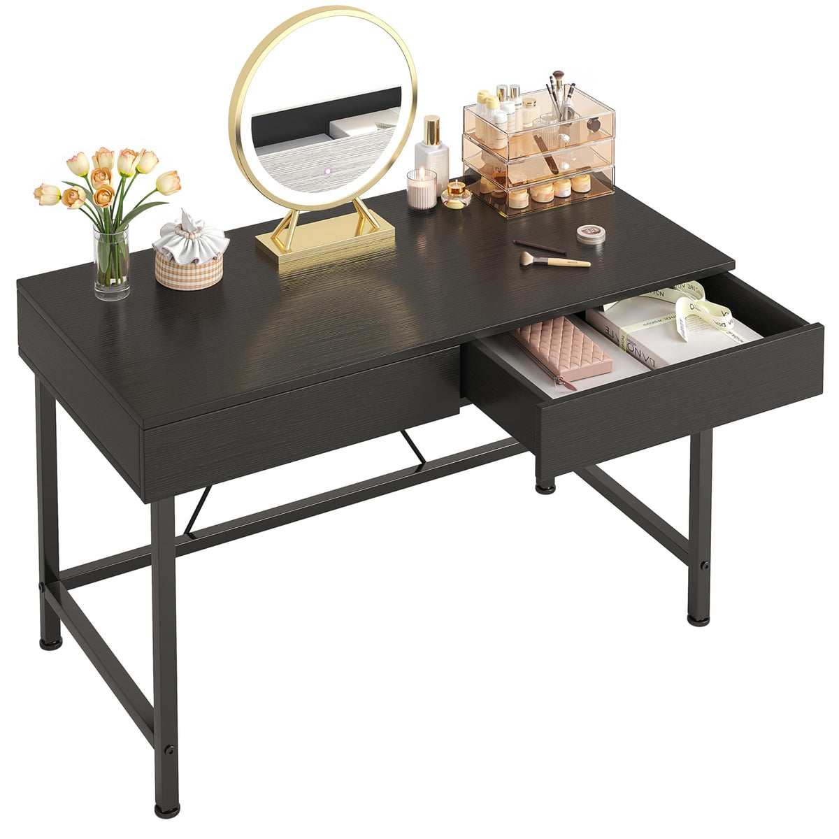 Black 40 Inch Small Desk with Wood Drawers O797
