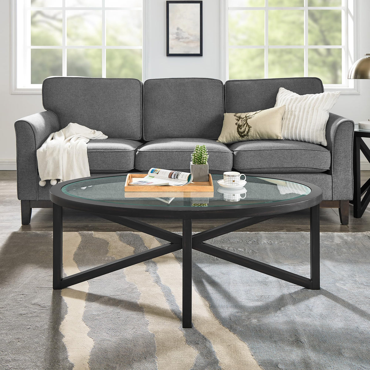 46" Oval Glass Coffee Table with Tempered Glass Top and Wood Base E1335